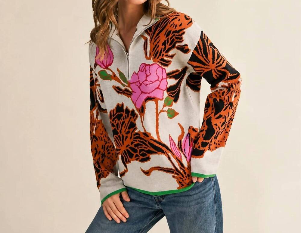 NEW AAPPARELLA bloom bright floral half-zip sweater in multi